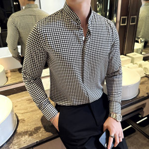 Houndstooth Stand Collar Shirt Men Long Sleeves Classy Silm K-style Business Casual Handsome Non-Ironing round Neck Shirt Coat