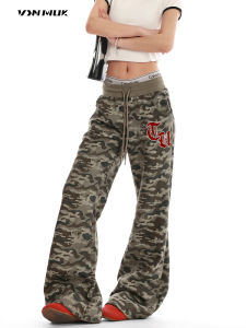 Casual Camo Letter Embroidery Bell Bottom Jazz Dance Womens Pant Loose Fit Flared Trousers Hiphop Style No Brand Simplistic Cotton