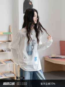 MoZao Womens Long Sleeve T-Shirt White Cartoon Print Base Layer Slimming Inner Wear Commute Style Korean Loose Fit Fall 2025