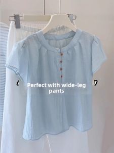 OOTD Fashionable Youthful Blue Single-row Buttoned Short Sleeve Blouse