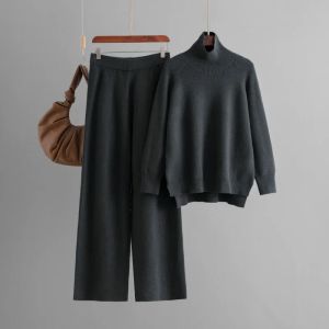 Autumn Winter Women Half High Neck Knit Pant Sets Lady Elegant Loose Sweater 2-piece Set Casual Loose Pullover Womens Clothing