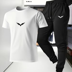 Mens Sporty Casual 2-Piece Set Cotton Short Sleeve T-Shirt & Long Pants Regular Fit Slight Stretch Fabric Breathable All-Season