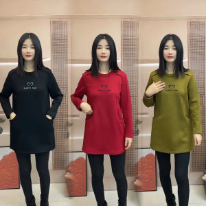 Autumn Winter New Mid-Length Hoodie Base Shirt Women Long Sleeve Dress Fleece Thick Warmth Mom Clothes Vintage Commute Style