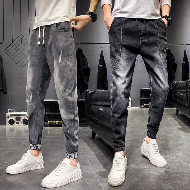 2023 Spring Jeans Boy Korean Style Trendy Slim-Fit Skinny Pants Male  Students Elastic Waist Tie Cropped Pants