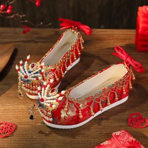 Red Wedding Shoes Womens Embroidered Chinese Style New Bride High Heel Increase Height Glue Bottom Cross Buckle Strap Fashionable