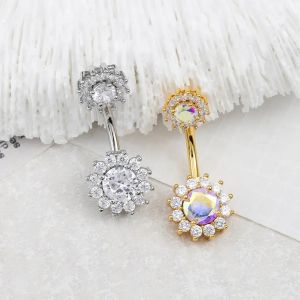 New 14G 1.6x10mm Curved Bar Sunflower Navel Piercing Ombligo White AB Zircon Belly Button Rings Surgical Steel Belly Piercing