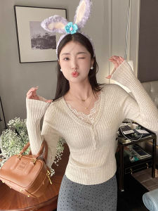 เสื้อชั้นในถักคอวีลูกไม้สำหรับผู้หญิง ทรงสลิมฟิต แขนยาว ทรงเข้ารูป ผ้าโพลีเอสเตอร์ ทรงเข้ารูป ฤดูใบไม้ร่วง 2025