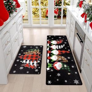 VIKAMA 2pcs Christmas Tree Kitchen Floor Mat Anti-Drip Anti-Fatigue Buffer Wear-Resistant Kitchen Carpet Winter Holiday Decor