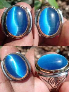 batu cincin big blue cat eye 20 mm mban tanam monel asli