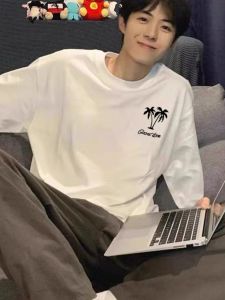 Pure Cotton Long Sleeve T-Shirt Mens Spring Autumn Loose Base Shirt Couples Casual Print Top Breathable Youth Fashion