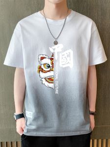 ROMON | Lormen Mens Pure Cotton Short Sleeve T-shirt Summer Thin Ice Silk Casual Gradient Print Fashionable Chinese Style Top