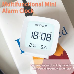Multifunctional Mini LCD Alarm Clock Child Student Bedside Desk Clock Mute Temperature Humidity Detection Soft Backlight Date Week Display