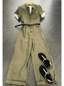 Green Short Sleeve Onesie Womens Fashion Workwear Style High Waist Long Pants Commute Style Summer 2024 Discount Clearance