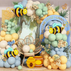 Sage Green Gray Blue Yellow Balloon Garland 124 Pieces Slate Blue Olive Green Yellow Sand White Cream Party Latex Balloon Arch Kit Bridal Birthday Bee Party Decorations