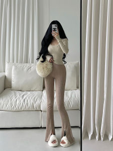 Younggirlday กางเกงลำลองผ้าถักขาบานแหวกข้างเอวสูงรัดรูปใส่แล้วดูผอมเพรียวสไตล์ยุโรปอเมริกากางเกงยาวลากพื้น