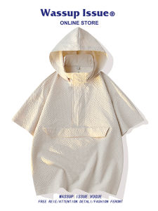 Wassup Issue Japanese Style Bubble Grid Hoodie Short Sleeve Mens T-shirt Summer Casual Loose Comfortable Breathable Top