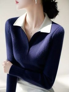 เสื้อสเวตเตอร์คอวีสีน้ำเงินสำหรับผู้หญิง แขนยาว นุ่ม อบอุ่น แฟชั่นฤดูใบไม้ร่วง/ฤดูหนาว ชุดสองชิ้นปลอม เสื้อผ้าทำงาน