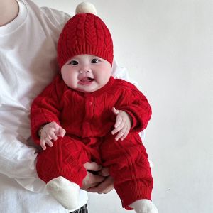 Red Knitted Baby Romper Autumn Winter Style One Year Old Newborn Infant Clothes Celebratory Sweater for Chinese New Year