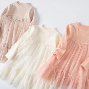 2026 Autumn New Childrens Clothing  Girls Dress Long Sleeve Pink Spot Princess Skirt Korean Version Solid Color Mesh Skirt