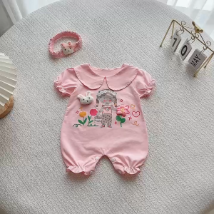 BD184 Bodysuit áp liền quần cộc tay hồng RIOKIDS quần áo cho bé gái sơ sinh đầy tháng