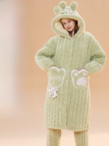 miiow | Womens Thickened Coral Fleece Robe With Cotton Inner Layer Autumn Winter Home Clothes Long Sleeve Hooded Pajamas Set