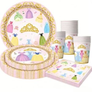 Princess Birthday Party Decorations Kit Paper Cup Plate Napkin Tablecloth Banner Pink Party Supplies Disposable Dinnerware Set