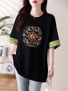 September Stray Ink round Neck Bead Print Splicing Short Sleeve T-Shirt Casual All-Match Womens Top Cotton Blend Summer New Chinese Style