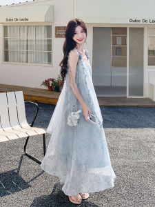 Grey French Romantic Vacation Style Dress Womens Summer New Lightweight Luxury Sensation Strap Dress Commute Korean Style