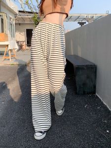 YOLO Ice Silk Black And White Horizontal Striped Wide Leg Pants For Women With Drawstring Plaid Long Pants Casual Drape Pants For Women Summer Sun Protection And Mosquito Repellent Pants