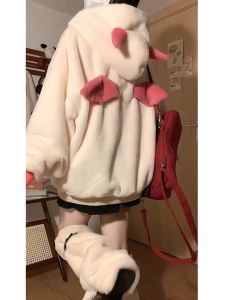 น่ารัก ปีกเขาปีศาจ ดีไซน์ ขนแกะขนปุย เสื้อแจ็คเก็ต ผู้หญิง ฤดูหนาว ขี้เกียจ ชิค หนา อุ่น เสื้อโค้ทผ้าฝ้าย สไตล์การเดินทาง หลวม Fit