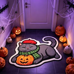 VIKAMA Irregular Fall Black White Cat Pumpkin Doormat Non‑Slip Floor Mat For Front Porch Entryway Household Halloween Decoration