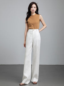 Pure Linen Straight Leg Pants Womens White Summer Breathable Casual Slim Fit Wide Leg Trousers Comfortable High Waist Cotton Linen