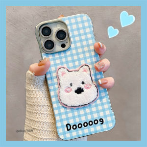  15 pro Max Full Cover Leather Phone Case Womens Style Embroidered Dog Cartoon Grid Pattern Protective Shell Anti-Fall