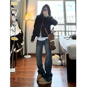 High Waist Flared Jeans Womens Fleece Lined Floor Length Straight Leg Stretchy Denim Pants Autumn Winter Loose Fit Trousers