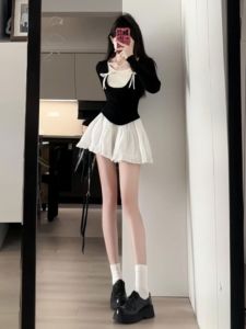 Bộ hai mảnh CHANGTONG áo dài tay váy ngắn phong cách Hàn Quốc thời trang đầu xuân