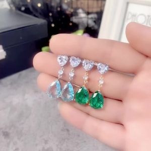 Huitan Aesthetic Green/Blue Cubic Zirconia Dangle Earrings for Women Silver Color/Gold Color Wedding Trend Eternity Love Jewelry
