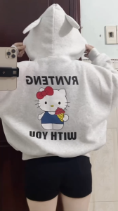 Áo Khoác Hoodie Tai Mèo Hello Kitty In Chữ WITH Form Rộng – Áo Hoodie Zip Nữ Dễ Thương Phong Cách Hàn Quốc
