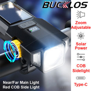 BUCKLOS | Solar Power Bike Light Rotary Zoom Bicycle Headlight USB Rechargeable Cycling Front Lamp Super Bright Bicycle Flashlight