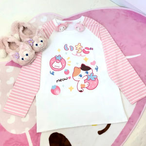 Cartoon Fashion Printed Street Outfit Lolita T-shirt Autumn Retro Sweet Cute Striped Top Womens Y2k Lolita Harajuku T-shirt