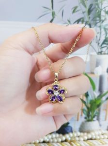Kalung Bunga Batu Ungu Titanium Perhiasan Wanita Dewasa 0627aac