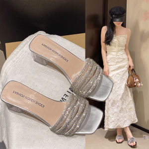 DIANCHA | Crystal Decorated Sandals with Block Heels and Square Toe