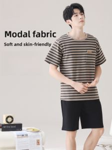 Miiow | Catman Summer New Loose Home Clothes Mens Short Sleeve Shorts Set Thin Stripe Breathable Lightweight Sleepwear Polyester Blend
