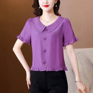 Peter Pan Collar Chiffon shirts Women 2022 Summer New Style Fashion Elegant Shirt Collect waist Fit and thin Age reduction Short Sleeve Ladies T-shirt Sweet Chiffon blouse