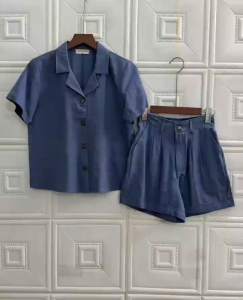 JUNE LINEN-S10. Bộ áo cổ danton mix short Linen bột.
