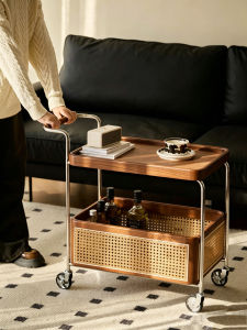 XIANGNANSONG | Vintage Rattan Mobile 2-Level Side Table