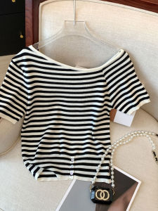 Áo Thun Dệt Kim Lụa Băng Tay Ngắn Ôm Vừa Vặn Mùa Hè Cho Nữ Thiết Kế Hở Vai Eo Thon Gọn Áo Thun Mỏng Áo Thun