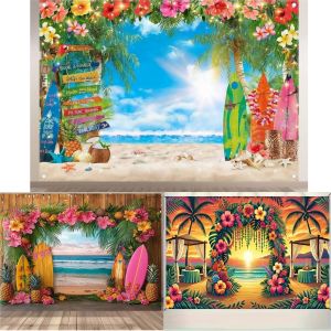 Hawaiian Beach Backdrop Tropical Luau Background with Palm Trees & Surfboards for Summer Aloha Themed Party Decor