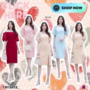 P18418 เดรสปาดไหล่ แขนปอมๆ สีพื้น ..