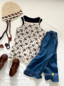 Korean Style Floral Print Halter Dress Layered ness for Girls Summer Season Sweet Atmosphere Childrens Clothing Skirt