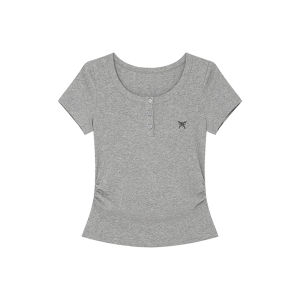 Casual Lazy Design Solid Color Gray Round Neck Short Sleeve T-shirt